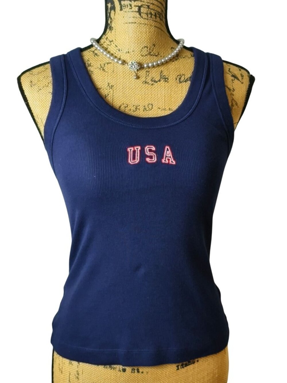 Universal Thread Womens M USA Tank Top Navy Blue Ribbed Patriotic Sleeveless